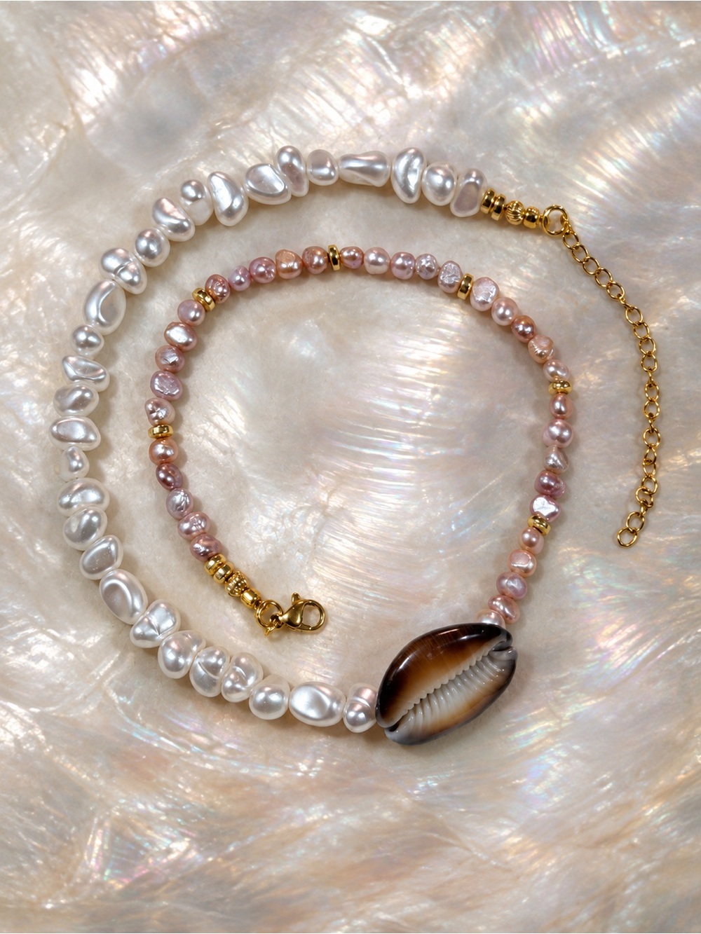 Handmade Pearl & Shell Necklace - Pink and White with Gold Accents